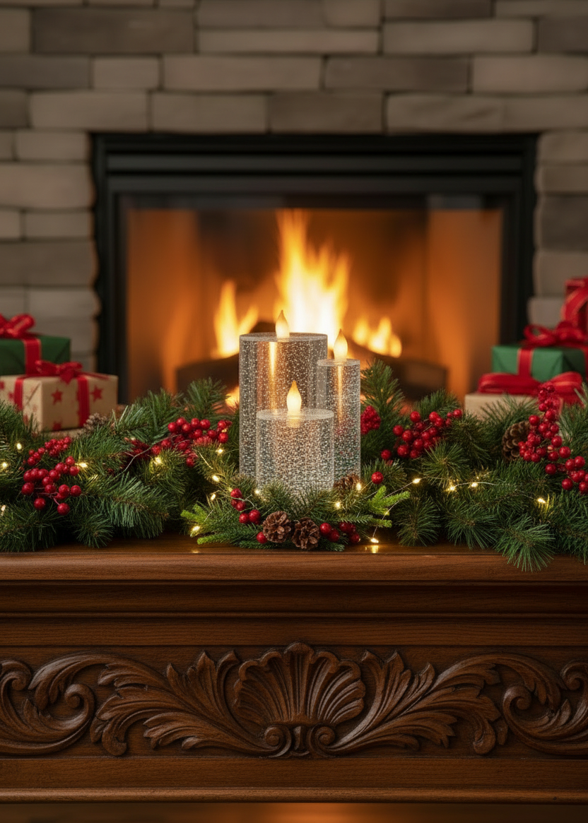A festive holiday mantel decorated with a green pine garland, red berries, warm string lights, and three tall silver candle holders with lit candles, set in front of a glowing fireplace with wrapped gifts on the sides.