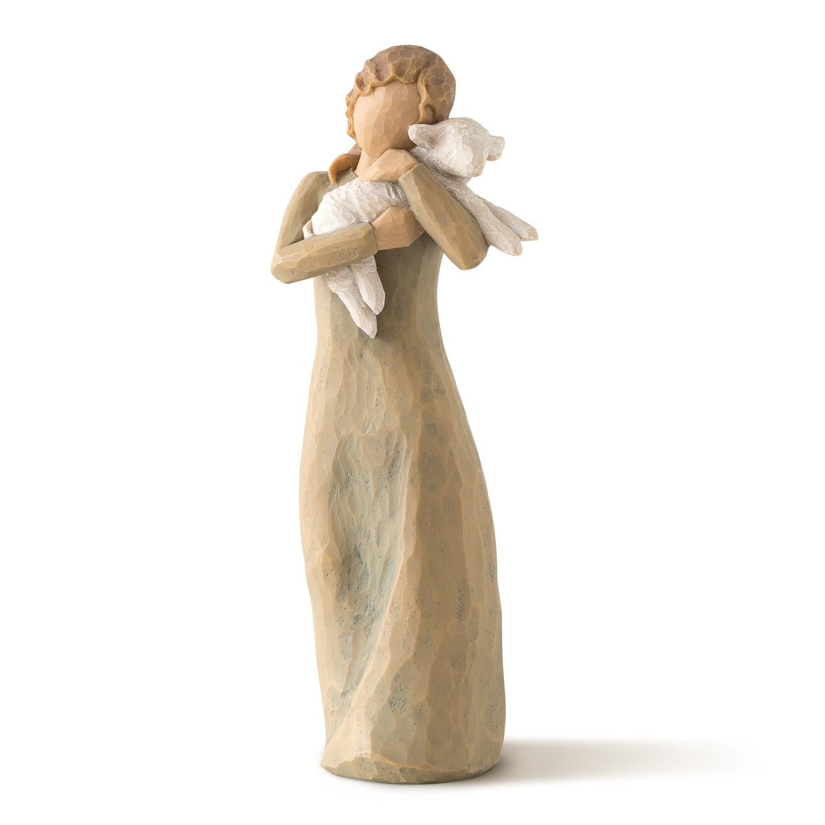 Decorative figurine of a woman holding a dove on a white background