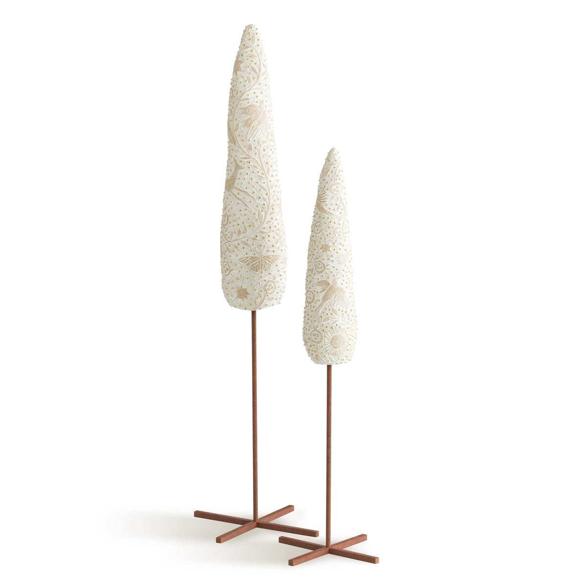 Two decorative floor lamps with tapered white textured shades covered in small gold floral patterns, mounted on slim brown metal stands with cross-shaped bases, shown on a plain white background.
