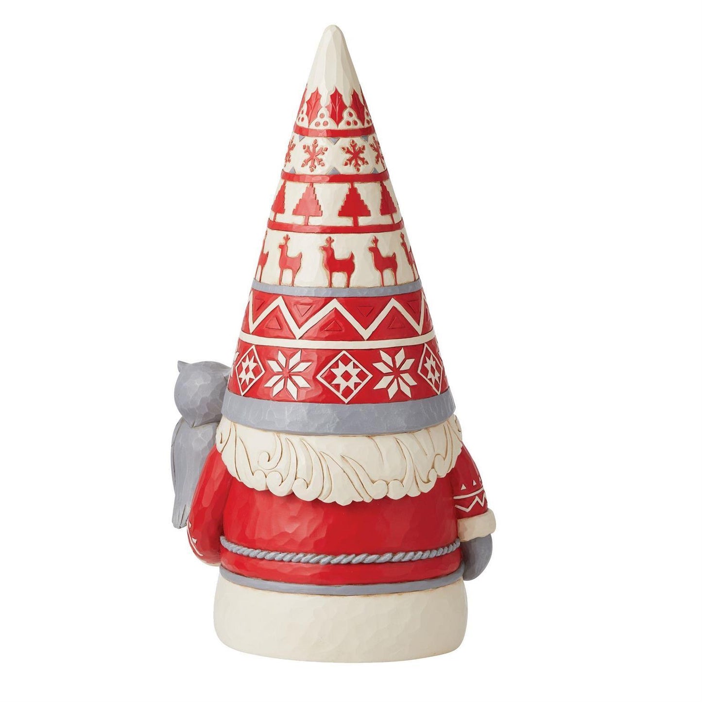 A Santa Claus-themed decorative gnome figurine with a tall pointed hat featuring red and white holiday patterns, a red coat, cream trim, gray cuffs, and a gray owl perched on his shoulder, shown on a plain white background.