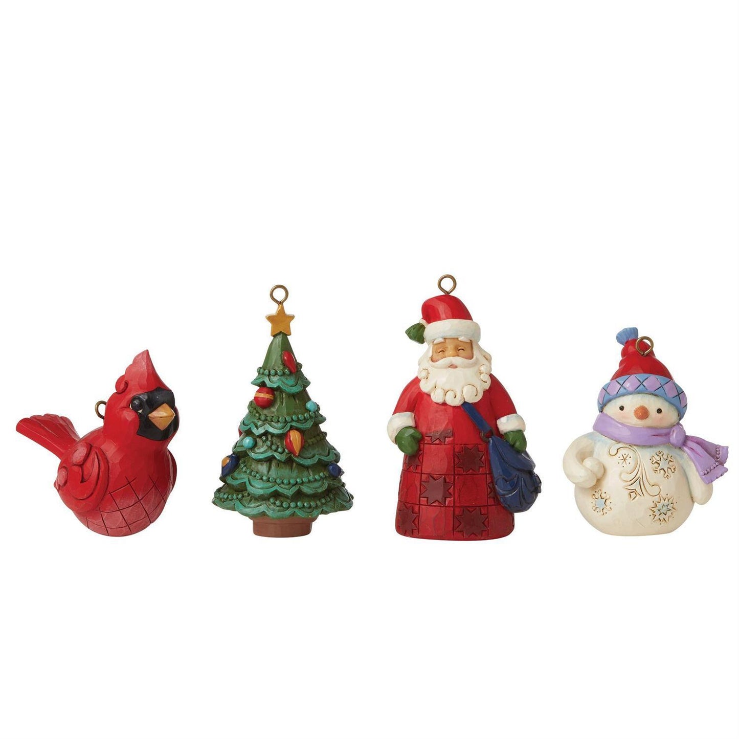 Set of four Christmas-themed ornaments including a cardinal, tree, Santa Claus, and snowman on a white background.