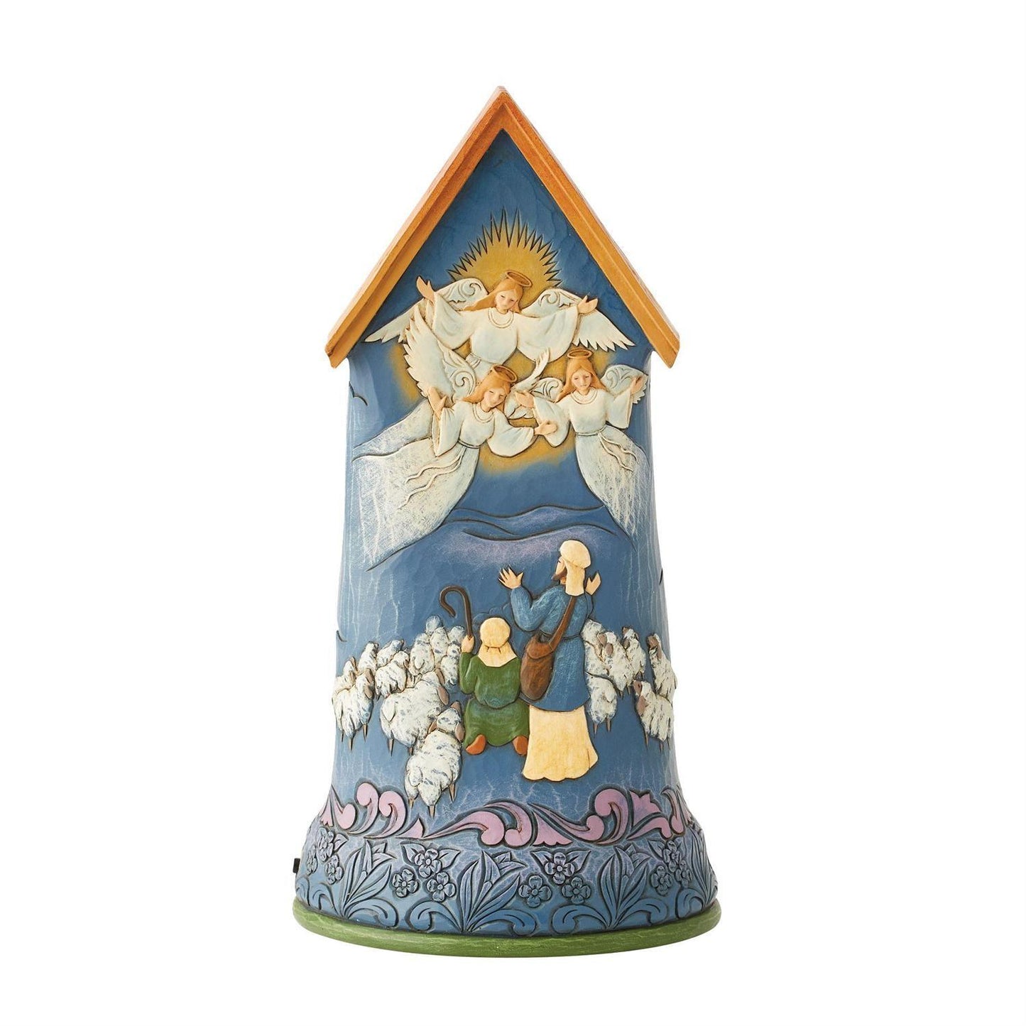 A hand-painted ceramic Christmas ornament shaped like a house, featuring a blue background with angels at the top and the Three Wise Men at the bottom, set against a plain white background.