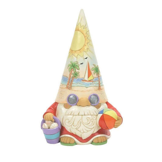 Gnome figurine with a beach-themed hat on a white background