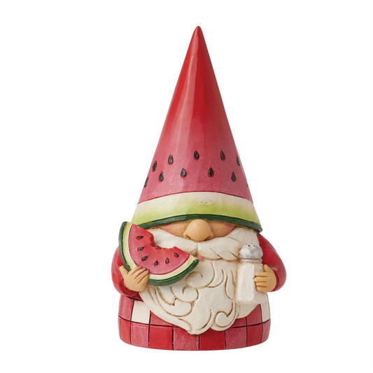 Gnome figurine with watermelon-themed hat and holding a watermelon slice on a white background