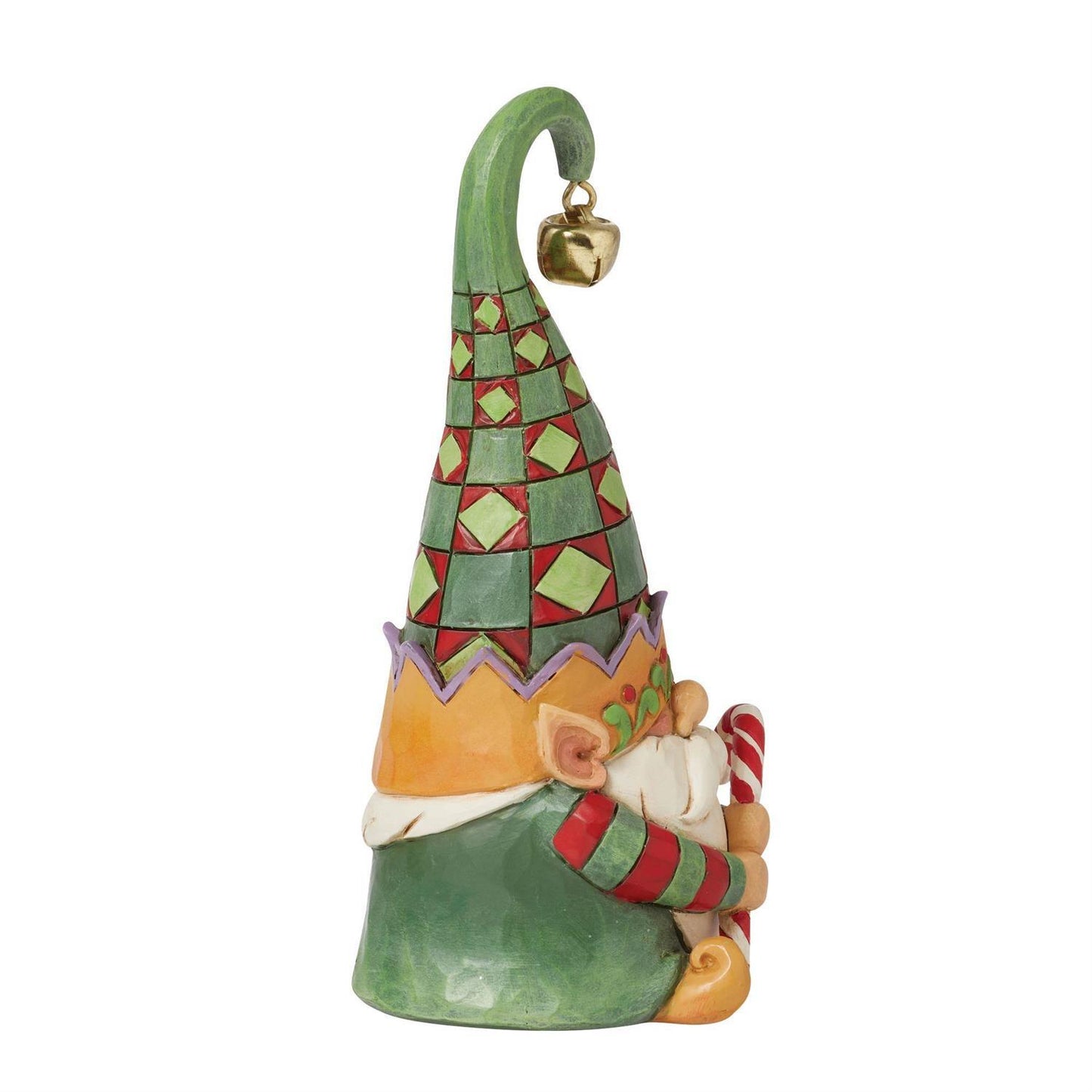 A Christmas gnome figurine with a tall green patterned hat, orange hat band, white beard, green pants, and a red-and-white striped scarf while holding a candy cane, shown on a plain white background.