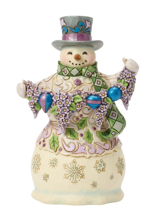 Decorative snowman figurine with top hat and colorful scarf on a white background