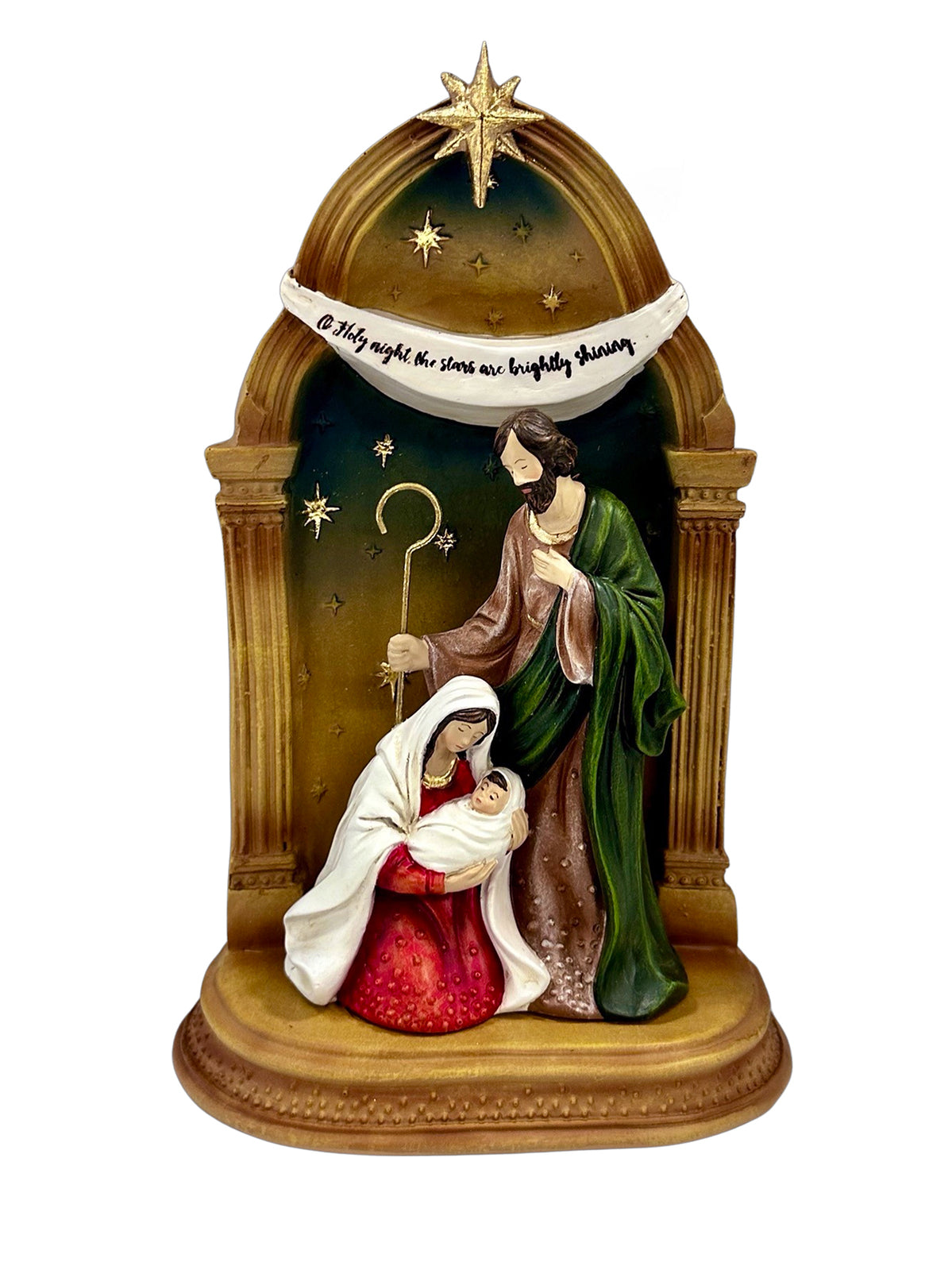 painted resin Christmas nativity scene figurine featuring Mary, Joseph, baby Jesus, and the Star of Bethlehem under a gold arched frame with a white banner reading 'O Holy Night the most sacred and brightest season.'.