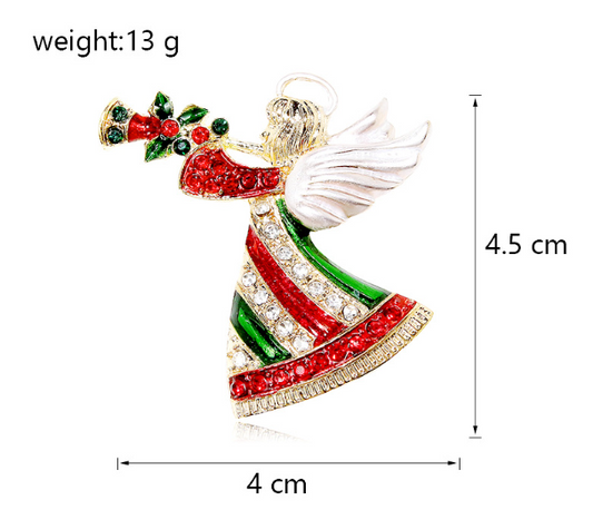 A sparkling brooch depicting an angel, with red, green, and white colors, and a size of 4.5cm H x 4cm W.