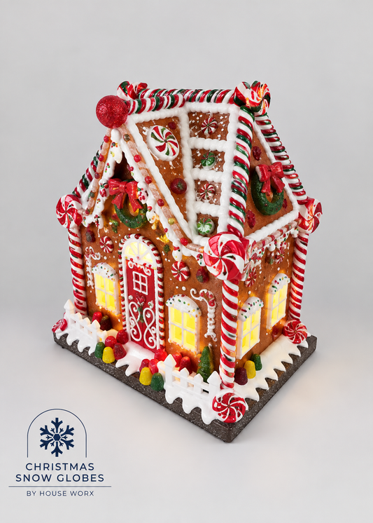 A decorated gingerbread house Christmas ornament with candy cane details, red bows, and warm yellow lights, shown on a light gray background with a 'Christmas Snow Globes' logo in the lower-left corner.