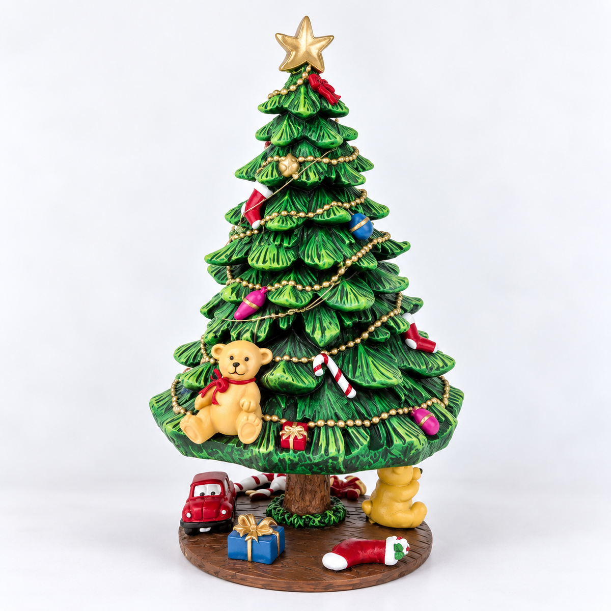 A decorative ceramic Christmas tree figurine with a green tiered tree, gold star topper, gold bead garland, hanging ornaments, a yellow teddy bear, candy canes, presents, a red car, and a small base on a white background.