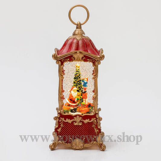 Decorative lantern with a Christmas scene featuring Santa Claus and a tree on a white background. christmas snow globe