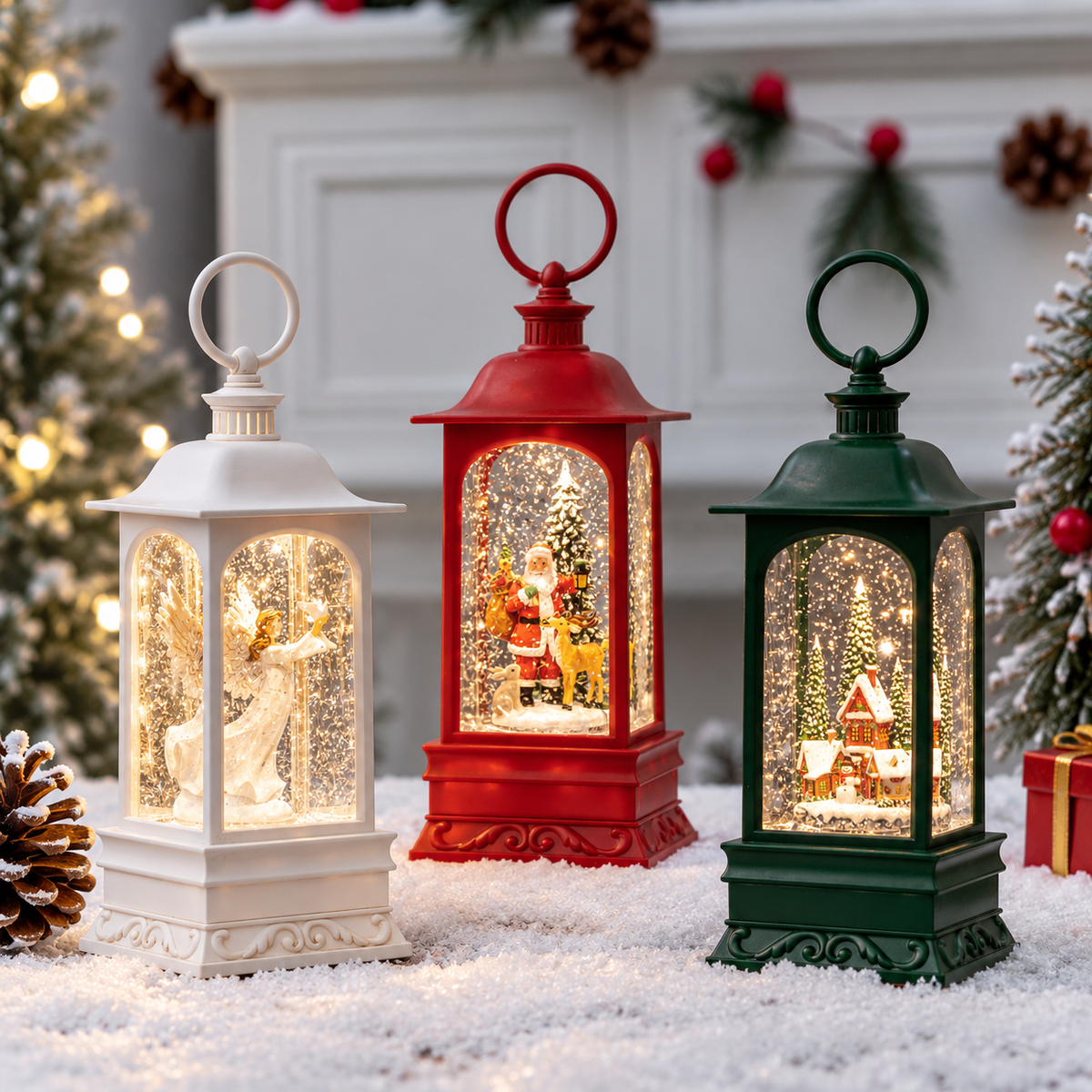 Three decorative Christmas lanterns with snow globe interiors are displayed on a snowy surface in a festive holiday setting. The lanterns are white, red, and dark green, each featuring a unique Christmas scene inside: an angel, Santa Claus, and a snowy village respectively.
