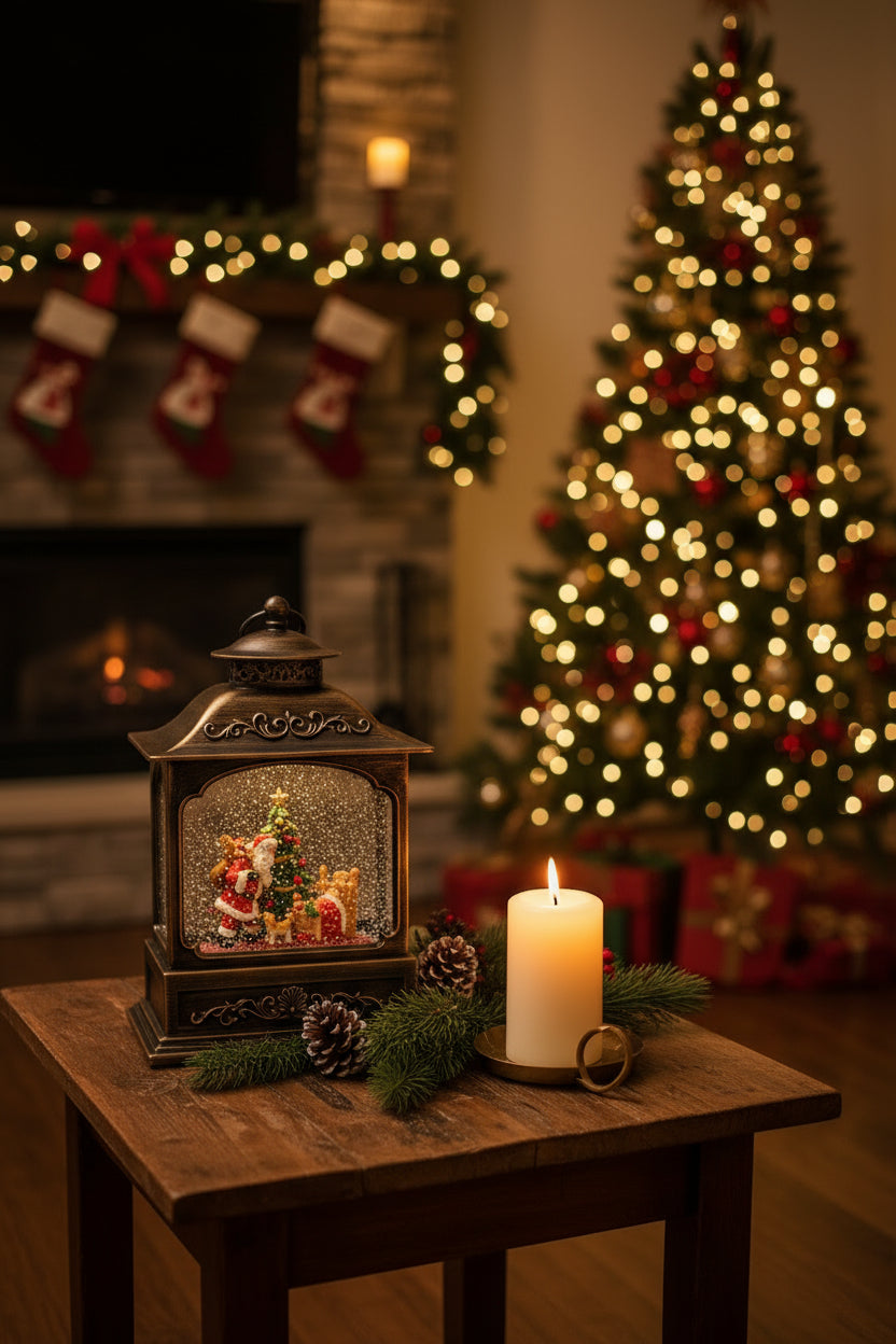 A decorative lantern-style Christmas ornament with an ornate dark bronze metal frame and a clear glass globe containing a festive snow globe scene with Santa Claus, a Christmas tree, gifts, and reindeer.