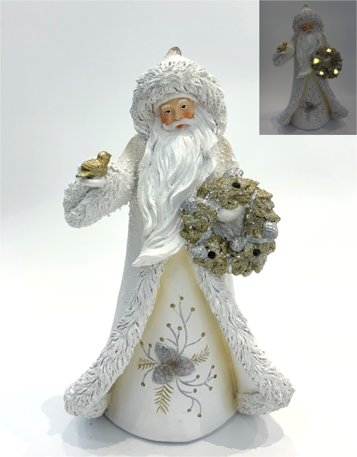 A white Santa Claus figurine with a fluffy fur-textured coat, long white beard, and gold accents, holding a glittery wreath. The main figure is shown on a white background, with a small inset image in the top right showing the figurine lit with warm glowing lights.