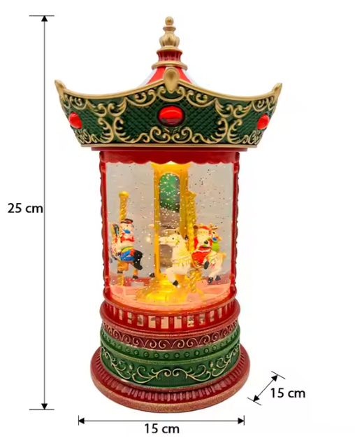 Decorative lantern with a small carousel inside, showing dimensions on a white background.