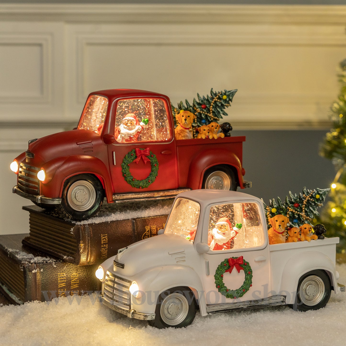 Decorative Christmas trucks with lights and wreaths on a neutral background christmas snow globe