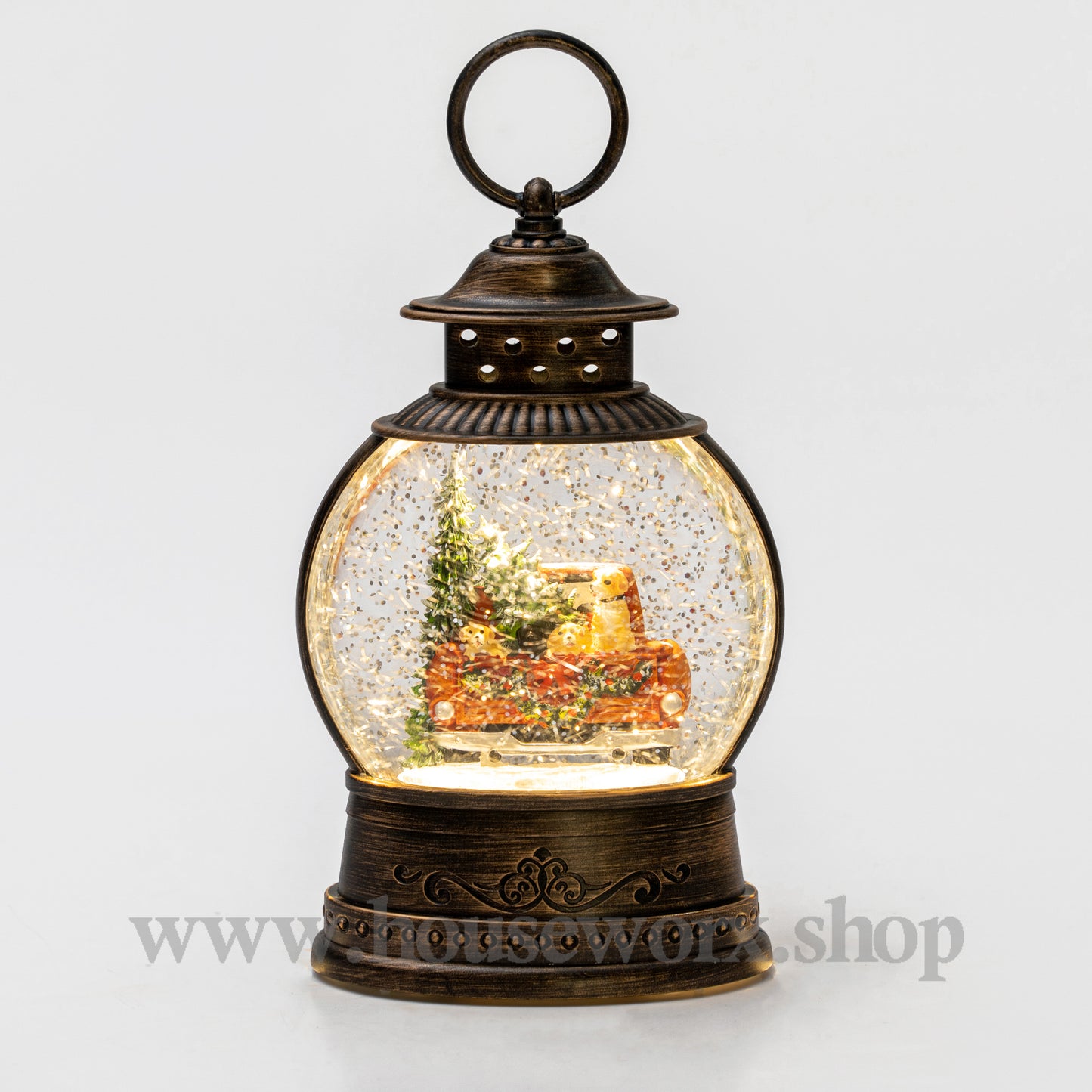 Decorative lantern with a snow globe effect on a white background puppies interior
