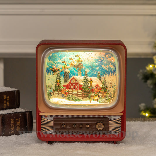 Retro television barn christmas snow globe