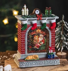 Decorative Christmas scene with a fireplace, clock, and presents on a wooden base.