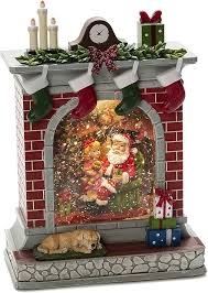 Decorative Christmas scene with Santa Claus, reindeer, and a clock on a brick wall.