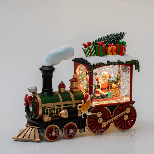 Decorative train with Santa Claus and Christmas elements on a white background