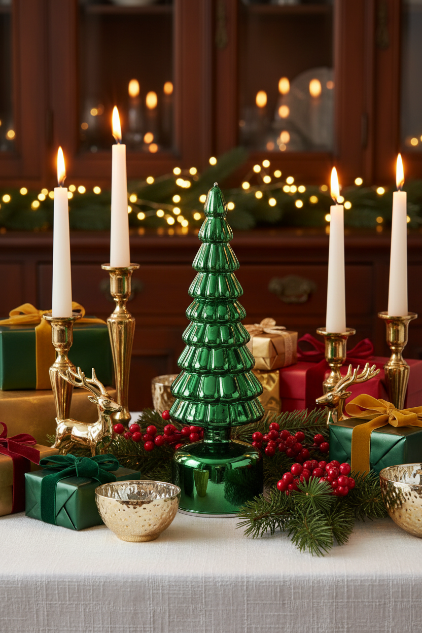 A small iridescent glass Christmas tree with a tiered design and a clear round base, standing on a kitchen countertop with a white sheet of paper behind it.