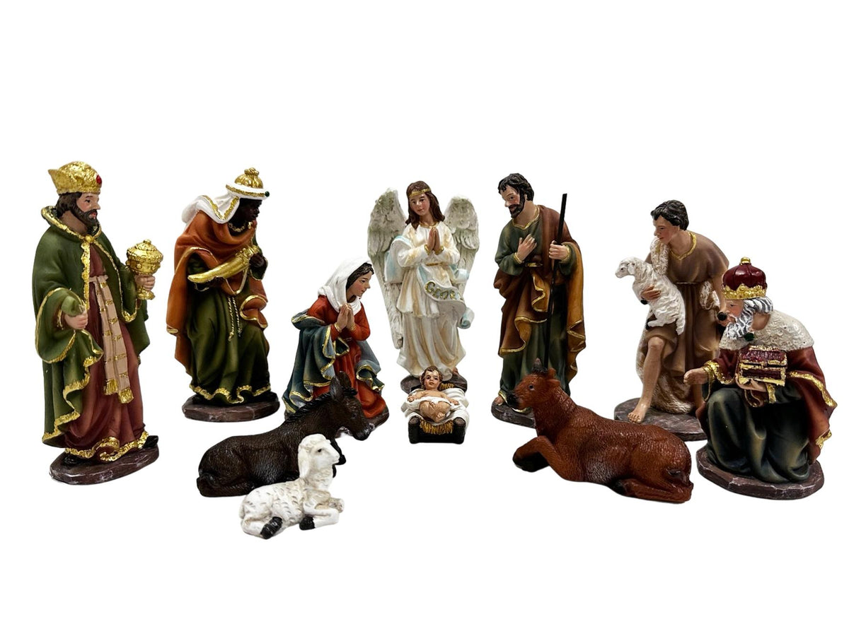 A 11-piece Christmas nativity set figurines on a solid white background. The set includes the Holy Family, an Angel, Three Wise Men, Shepherds, and Animals  in detailed, multi-colored robes.