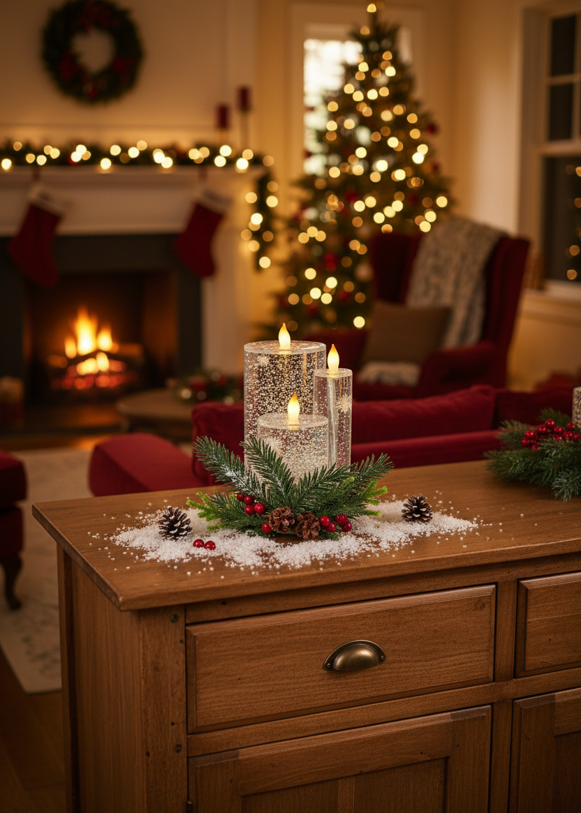 A warm holiday living room scene with a wooden cabinet in the foreground holding lit taper candles in a clear textured holder, evergreen sprigs, pinecones, and red berries, with a fireplace, stockings, and a decorated Christmas tree in the background.