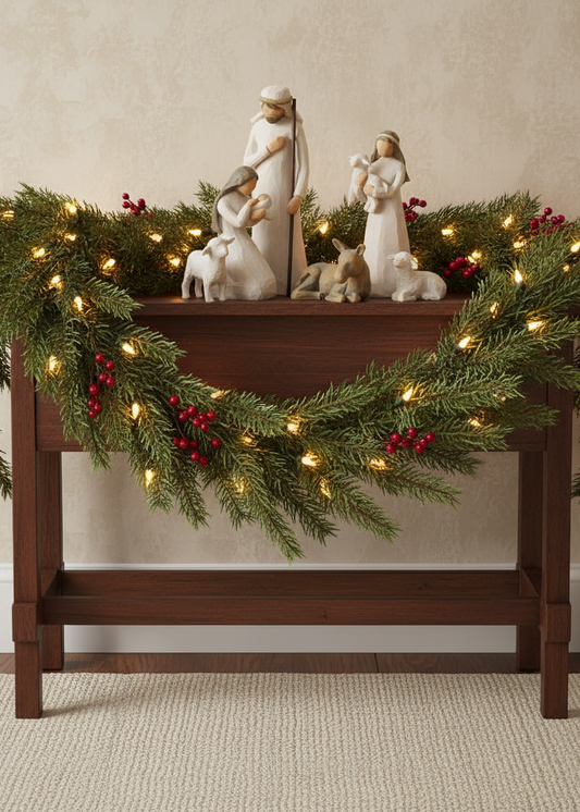 A dark brown wooden console table decorated with a green Christmas garland featuring warm white string lights and red berries, topped with white figurines of a family and a sheep, set against a beige textured wall and carpet.