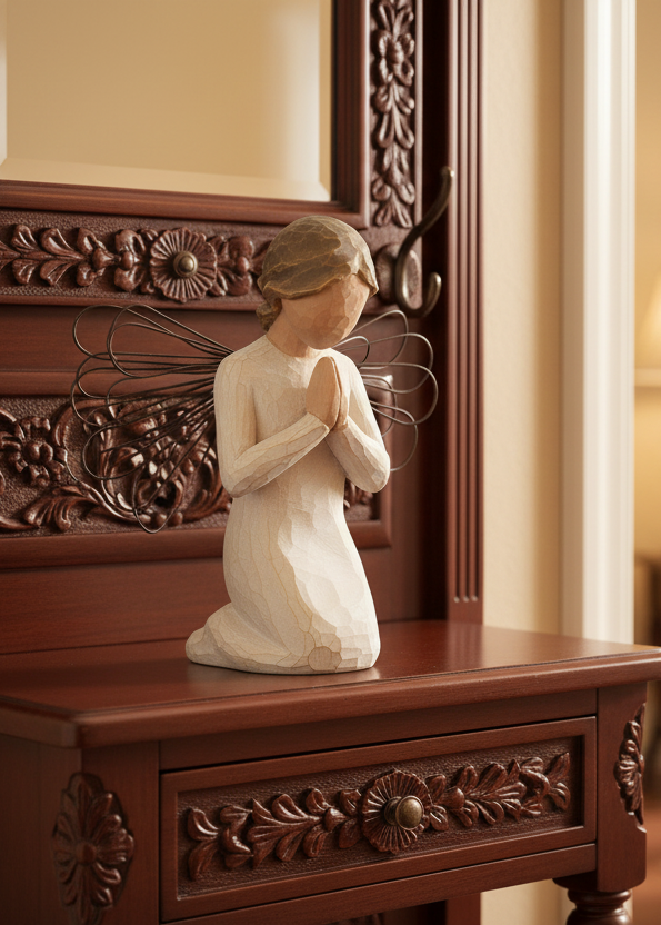 A small white praying angel figurine with delicate wings sits on a carved dark reddish-brown wooden console table in a warmly lit, elegant living room.