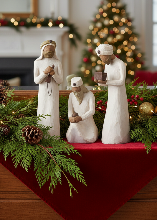 Three white Christmas nativity figurines displayed on a red draped table runner with green pine garlands, pinecones, and warm holiday lights in the background.