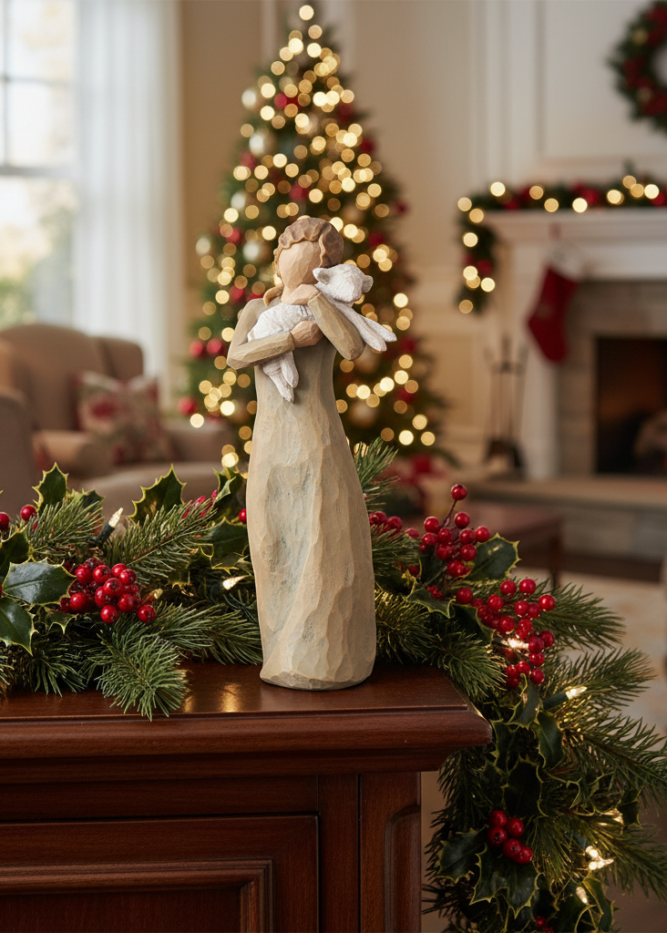A decorative figurine of an angel embracing a child stands on a wooden mantel in a cozy, holiday-lit living room. The scene is decorated with a garland of green pine branches, red berries, and warm white string lights, with a Christmas tree and fireplace in the background.