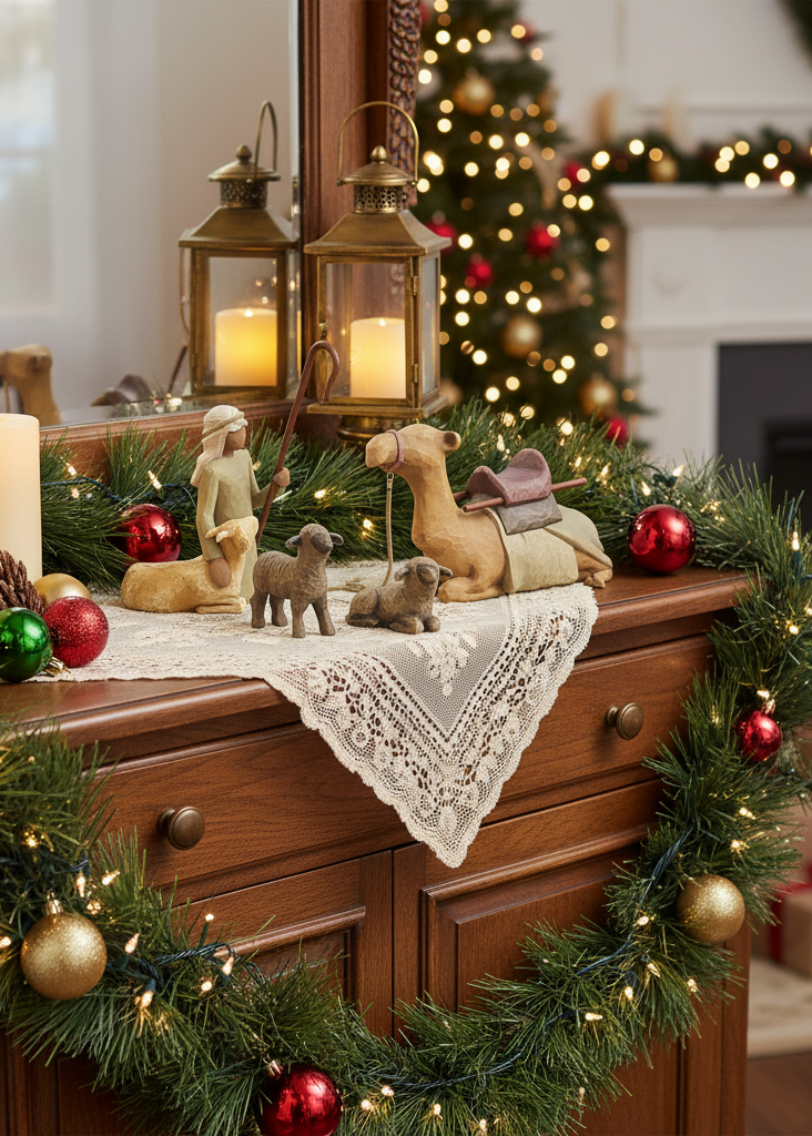 A styled holiday tabletop display on a wooden cabinet, featuring a cream lace runner, small wooden figurines, lit candles, brass lanterns, and a green garland with warm white lights and red and gold ornaments. A blurred Christmas tree and fireplace are visible in the background.