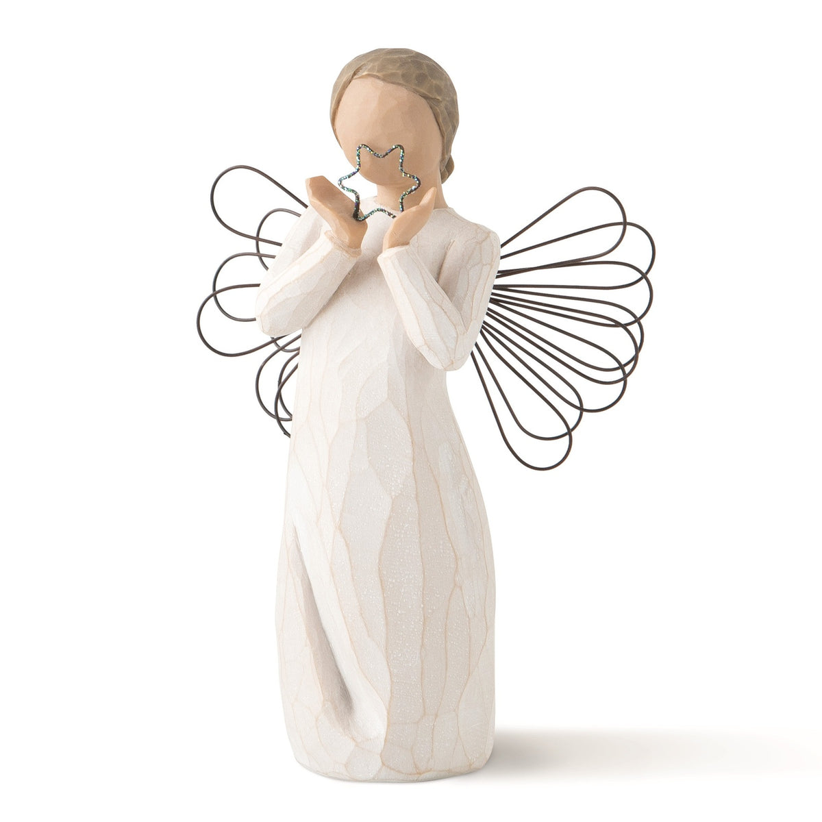 White angel figurine with wire wings on a white background