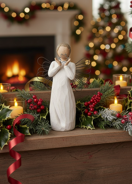 A white angel figurine with gold wings stands centered on a wooden mantel surrounded by holiday greenery, red berries, candles, and ribbons, with a softly blurred Christmas fireplace in the background.