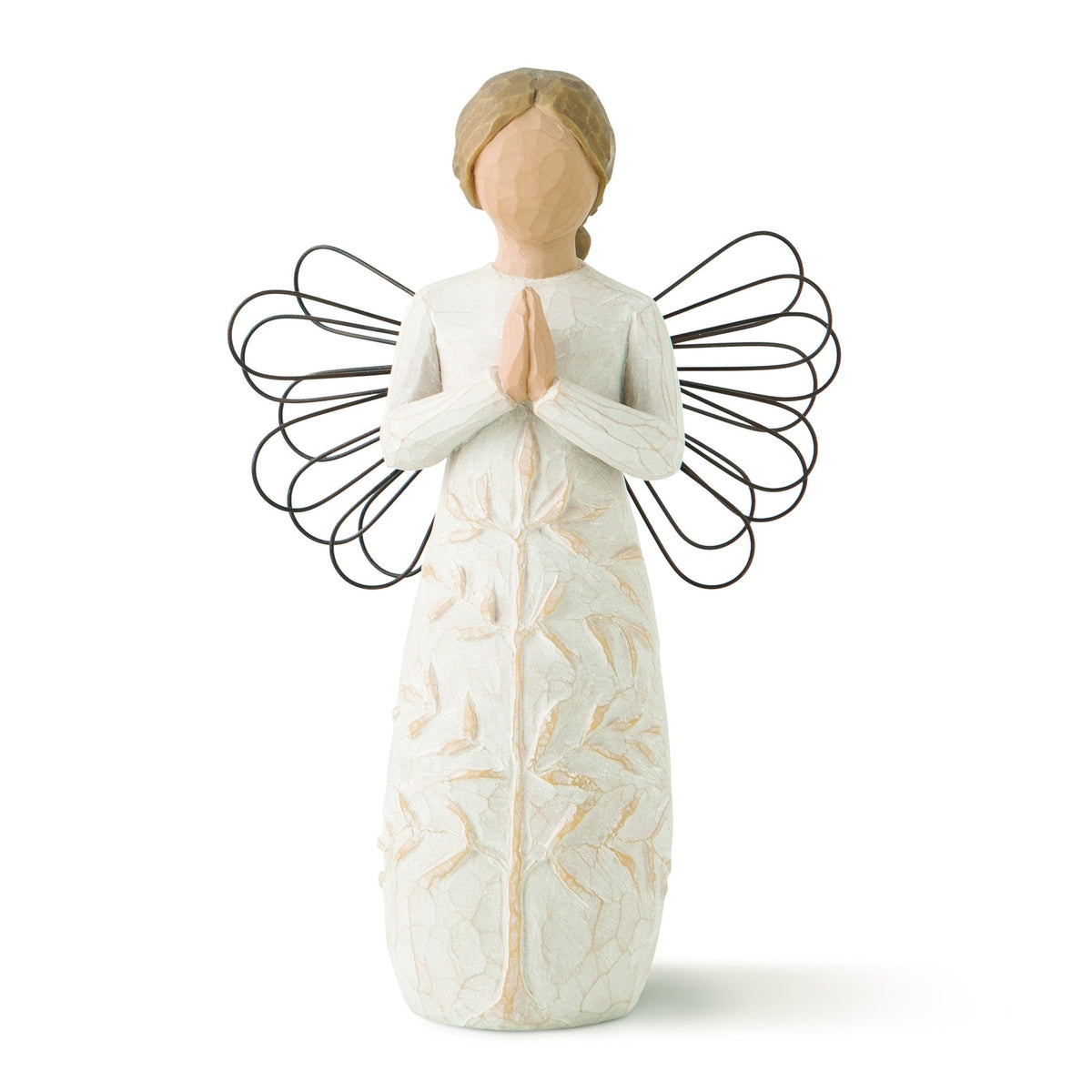 White angel figurine with wire wings on a white background