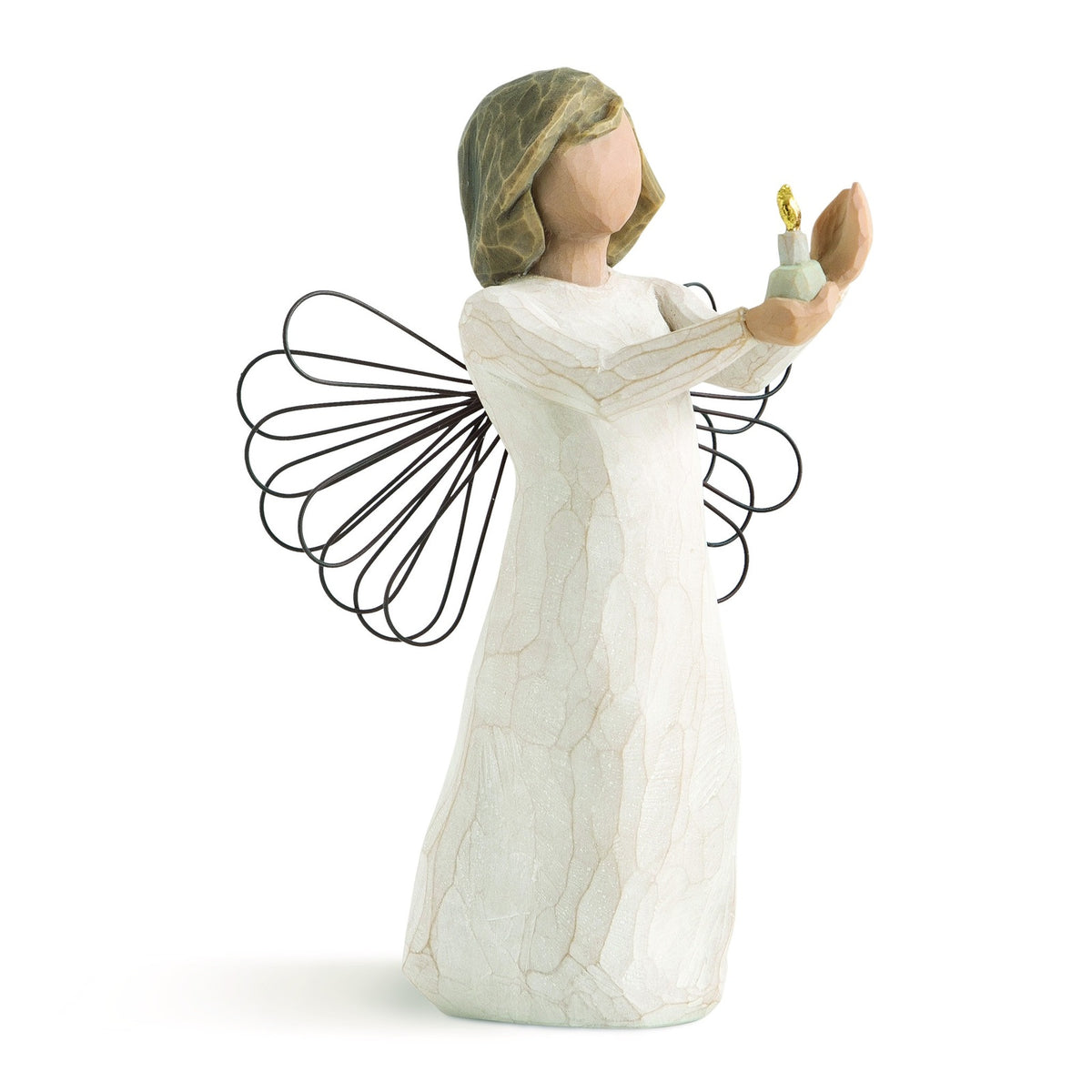 Angel figurine with outstretched wings holding a light bulb on a white background
