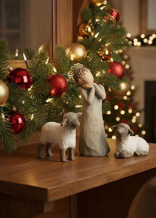 Three Christmas figurines on a wooden mantel: a standing angel with a halo, a small white lamb, and a gray-and-white lamb with a red Santa hat, set against a decorated Christmas tree and fireplace.