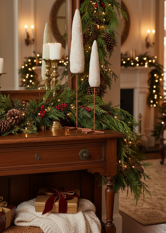 A warm, festive holiday interior scene with a wooden console table decorated with green garlands, pinecones, red berries, white textured cone candles, and lit candles. Gift boxes sit on the table, with a mirror reflecting the room and a Christmas tree visible in the background.
