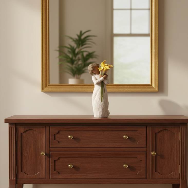A classic dark brown wooden console table with brass hardware, styled with a small white figurine holding yellow flowers. The table is set against a warm beige wall with a large gold-framed mirror reflecting a window and a green plant.