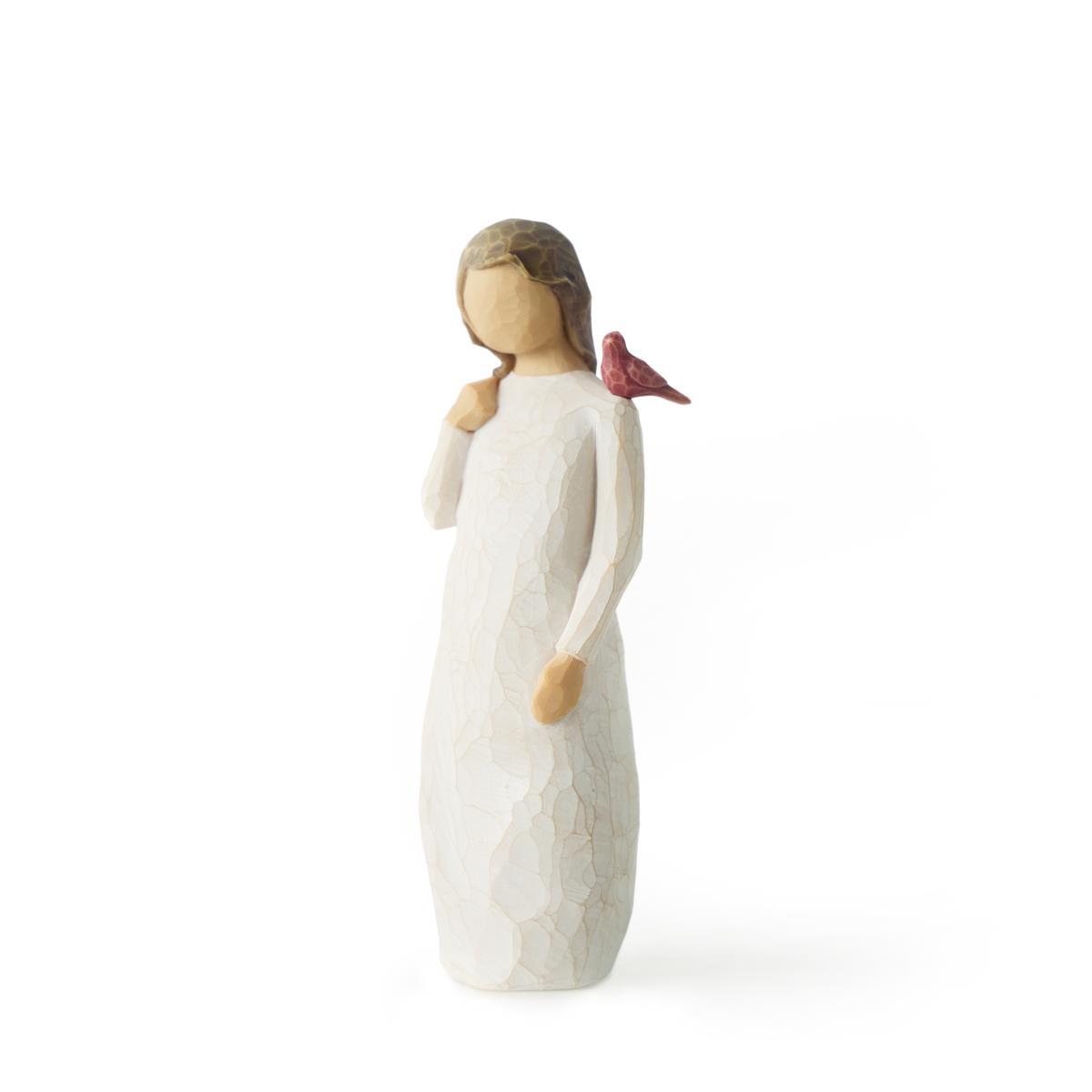White figurine of a woman with a bird on her shoulder against a white background