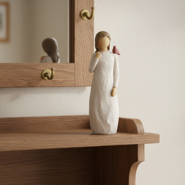 A small white figurine with a pink accent stands on a wooden shelf in a warm, neutral-toned room with a mirror and wood furniture visible.