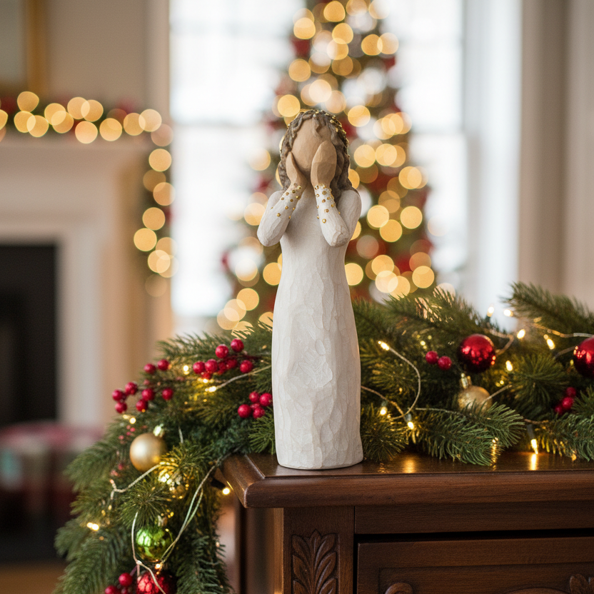 A white Christmas angel figurine stands on a dark wooden cabinet, surrounded by a green pine garland with red berries and warm string lights in a cozy, blurred living room setting.