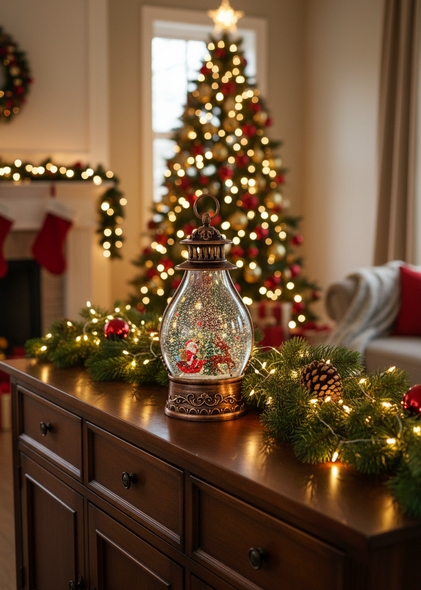 A decorative glass snow globe lantern with a Santa Claus scene inside sits on a dark wood cabinet in a cozy living room decorated for Christmas, with a glowing tree and holiday garlands in the background.