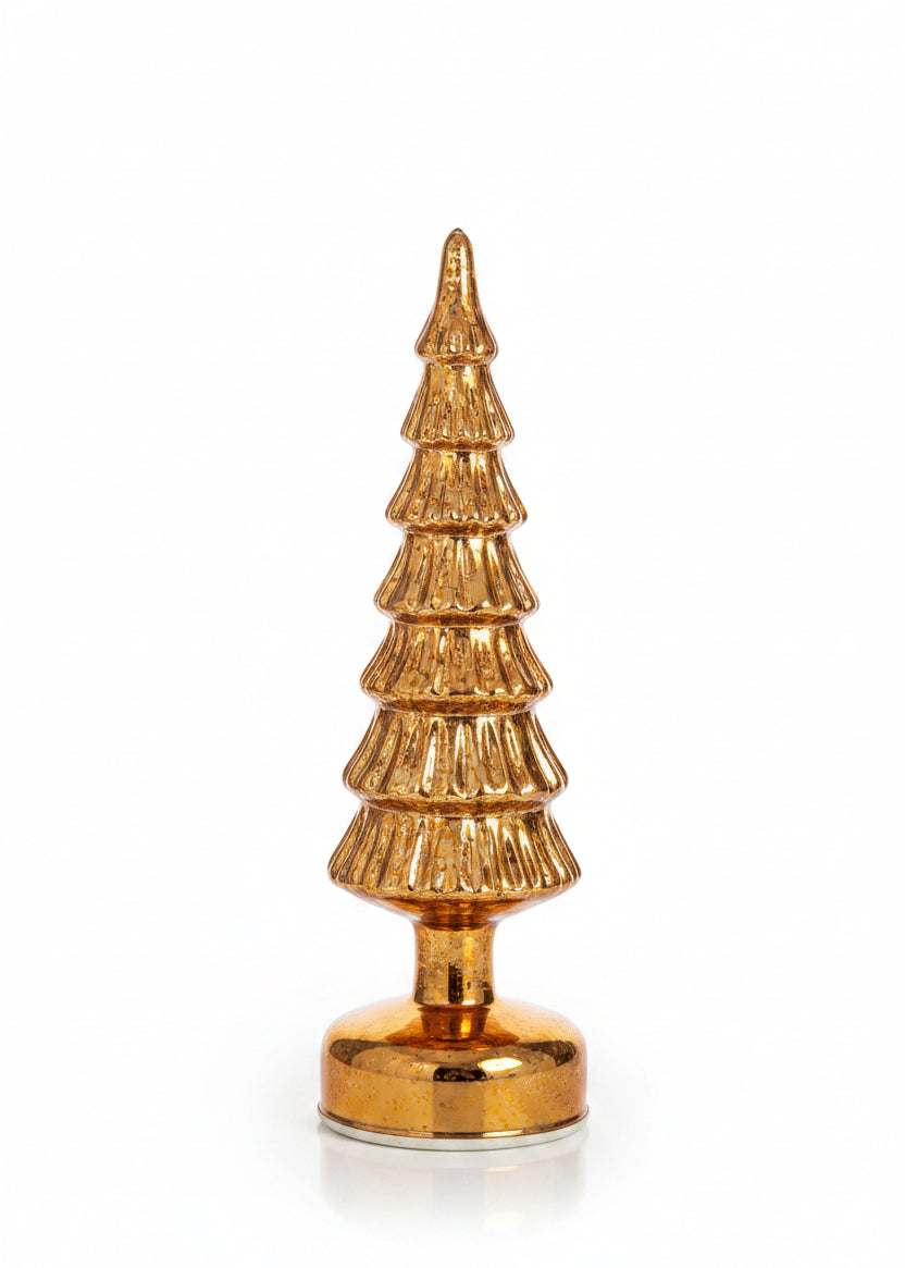 A small amber glass Christmas tree with a ribbed textured body and a matching round base