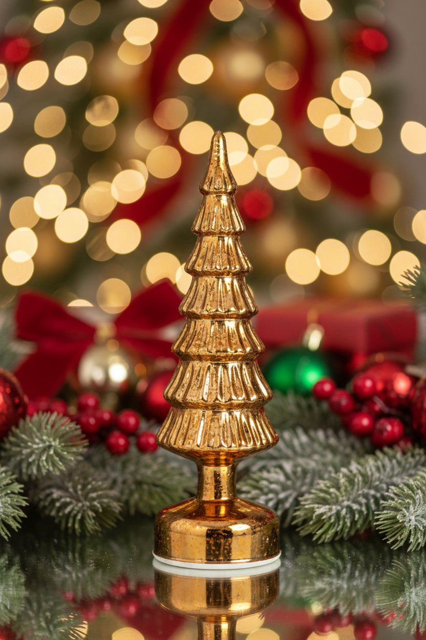 A small metallic gold Christmas tree topper stands centered on a reflective surface,