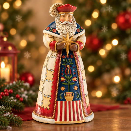 A hand-painted Christmas nativity figurine of the Three Wise Men standing on a wooden surface with a blurred Christmas tree and warm bokeh lights in the background.