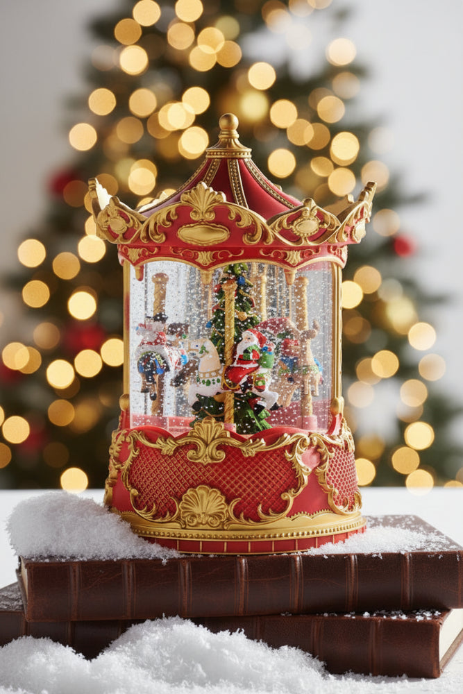 A red and gold carousel-themed snow globe music box with festive holiday decorations inside, displayed on a stack of red books with faux snow and candy canes against a light gray background.