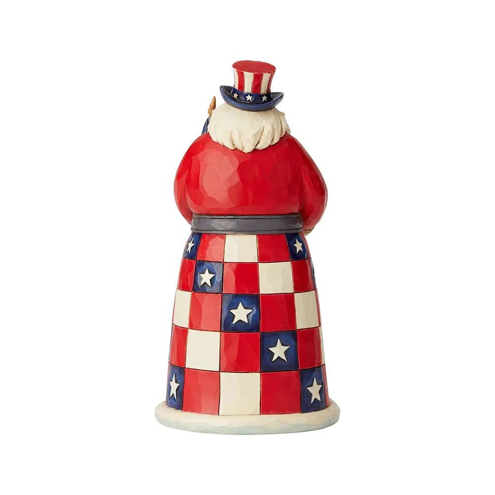 A patriotic Uncle Sam figurine shown from the back, featuring a red coat, white stars on a red and white checkered skirt, a white beard, and a red top hat with white stars and a blue band.