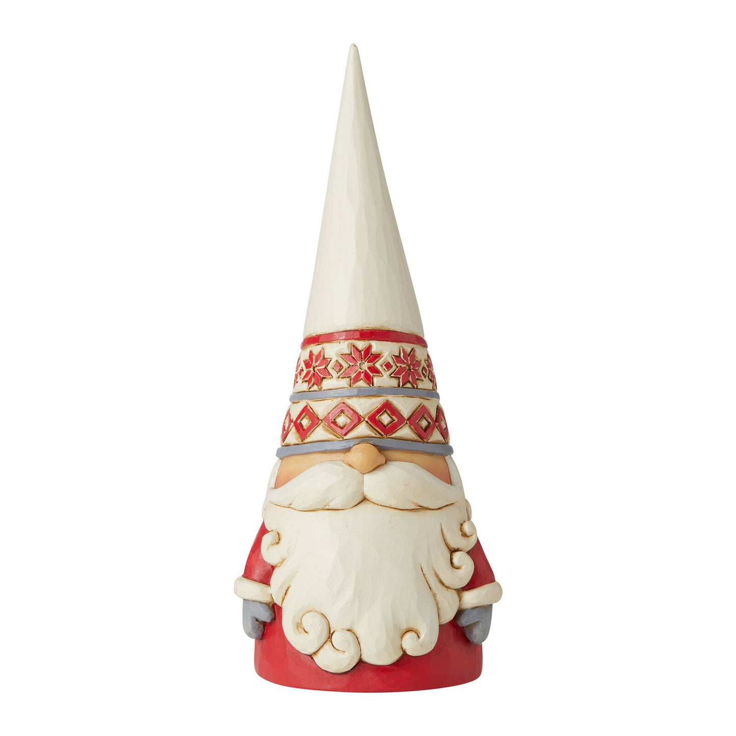 A decorative Christmas gnome figurine with a tall cream-colored pointed hat, a red and cream patterned band, a cream beard, and a red body, shown against a plain white background.